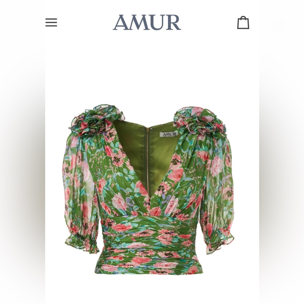 AMUR Nell Blouse Green Satin Floral Print
